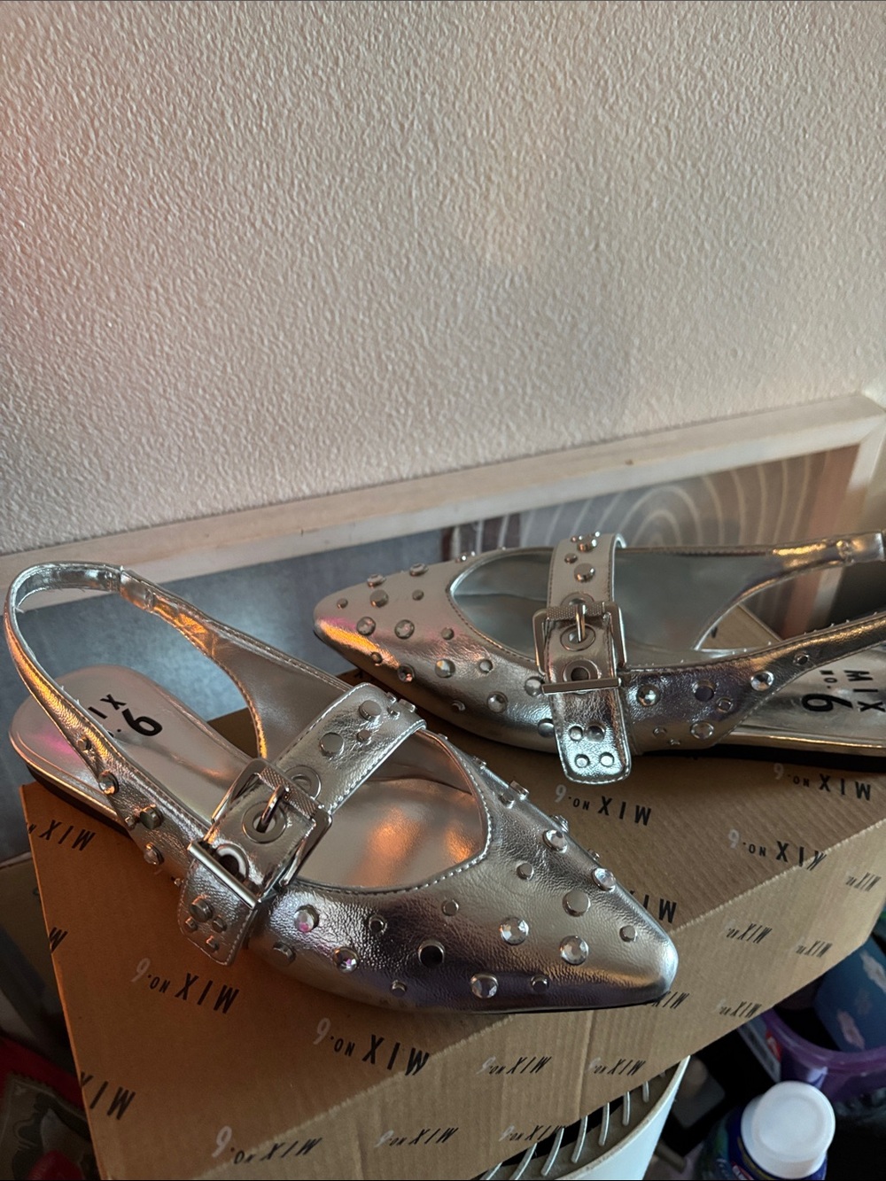 Mix No. 6 Silver Studded Pointed Slingback Mules